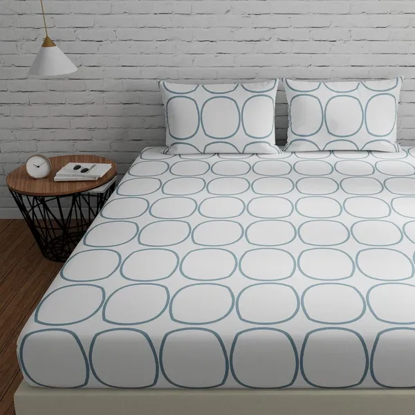 144_TC_Cotton_Elastic_Fitted_Bedsheets_King_Size_with_2_Pillow_Covers_|_72_x_78_inches_|_White_(Blue_Circles)