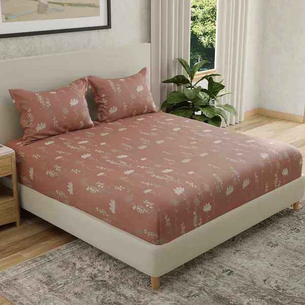 144_TC_Double_Bedsheet_Cotton_with_2_Pillow_Covers_|_Rust,_White_&_Grey
