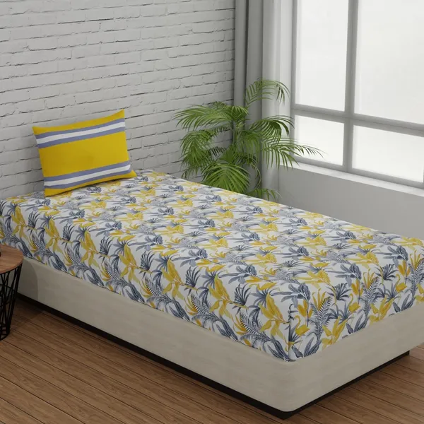 144_TC_Fitted_Bedsheet_for_Single_Bed_with_1_Pillow_Cover_|_36_x_78_inches_|_Flamingo_&_Stripes_-_Yellow_&_Grey