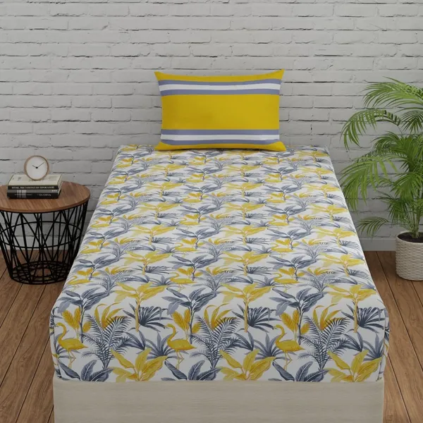 144_TC_Fitted_Bedsheet_for_Single_Bed_with_1_Pillow_Cover_|_36_x_78_inches_|_Flamingo_&_Stripes_-_Yellow_&_Grey