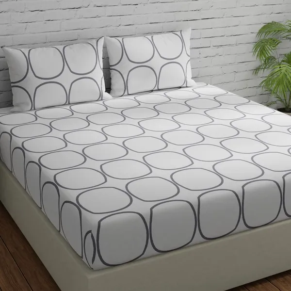 144_TC_Fitted_Cotton_Bedsheets_for_Double_Bed_with_2_Pillow_Covers_|_60x78_inches_|_White_(Grey_Circles)