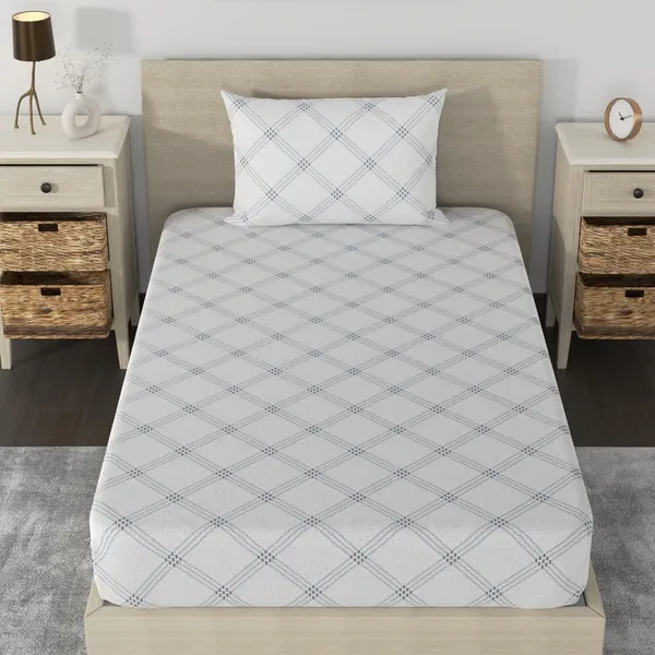 210_TC_Fitted_Single_Bedsheet_Cotton_with_1_Pillow_Cover_|_3ft_x_6.5ft_|_White_(Grey_Pattern)