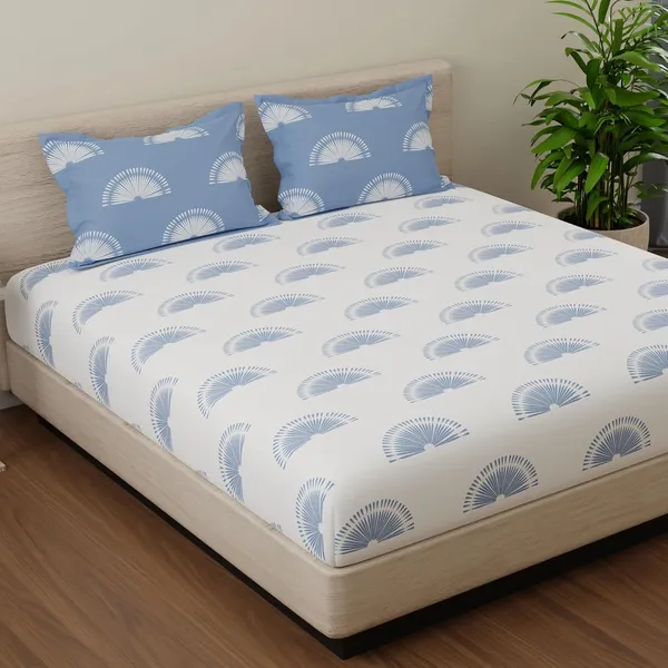 144_TC_Cotton_Bed_Sheet_for_Double_Set_Bed_with_2_Pillow_Covers_|_Sunrise_|_White_&_Powder_Blue