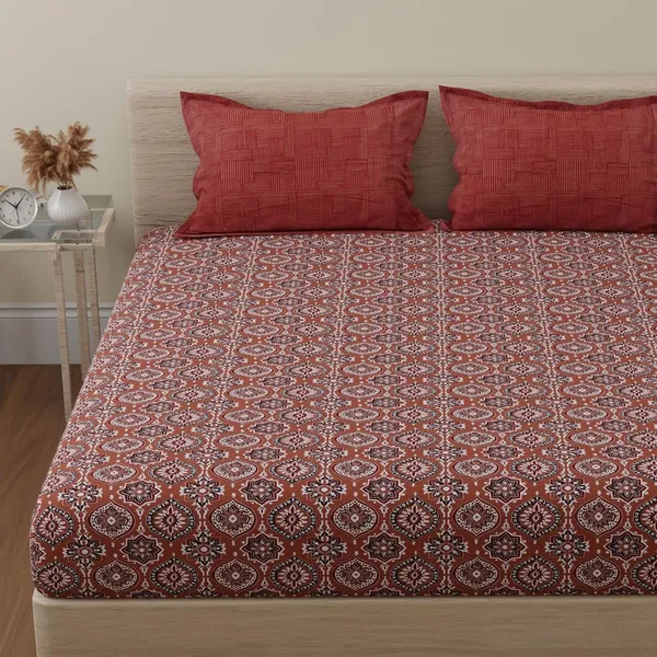 144_TC_Double_Bedsheet_Cotton_with_2_Pillow_Covers_|_Brown_&_White