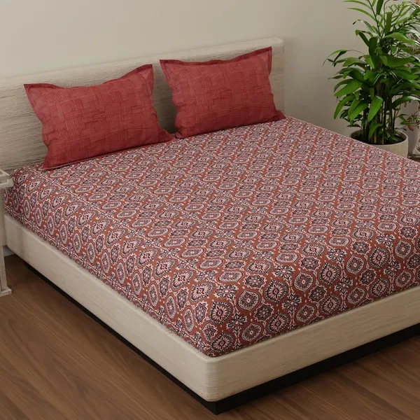 144_TC_Double_Bedsheet_Cotton_with_2_Pillow_Covers_|_Brown_&_White