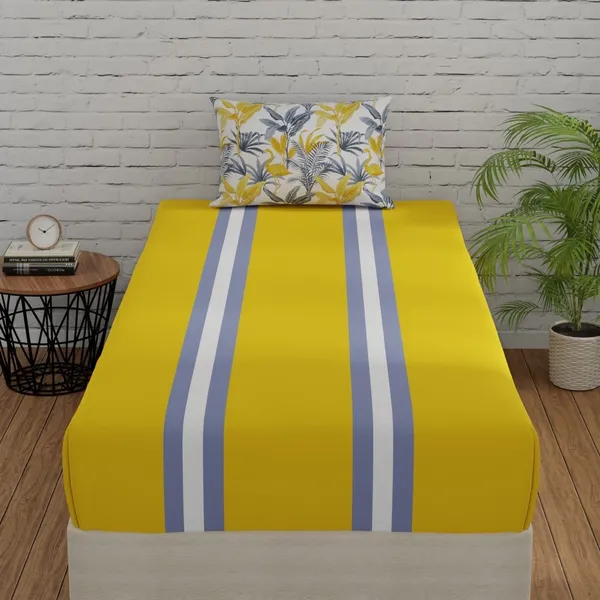 144_TC_Fitted_Cotton_Bedsheet_Single_Bed_with_1_Pillow_Cover_|_36x78_inches_|_Stripes_&_Flamingo_-_Yellow_&_Grey
