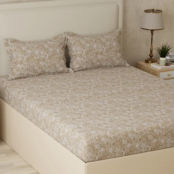 210_TC_Cotton_Bed_Sheets_for_Double_Set_Bed_with_2_Pillow_Covers_|_Heritage_Paisley_|_Warm_Sand_&_White