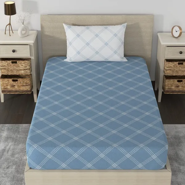 210_TC_Fitted_Bedsheet_for_Single_Bed_with_1_Pillow_Cover_|_36_x_78_inches_|_Blue_&_White