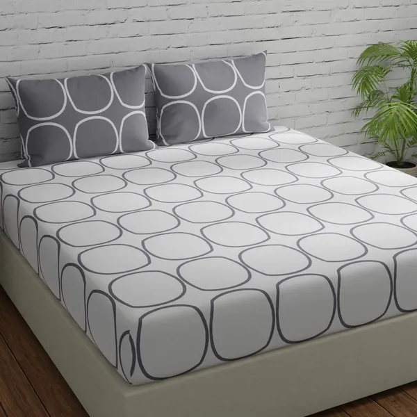 144_TC_Cotton_Elastic_Fitted_Bedsheets_King_Size_With_2_Pillow_Covers_|_72X78_In,_White_&_Grey