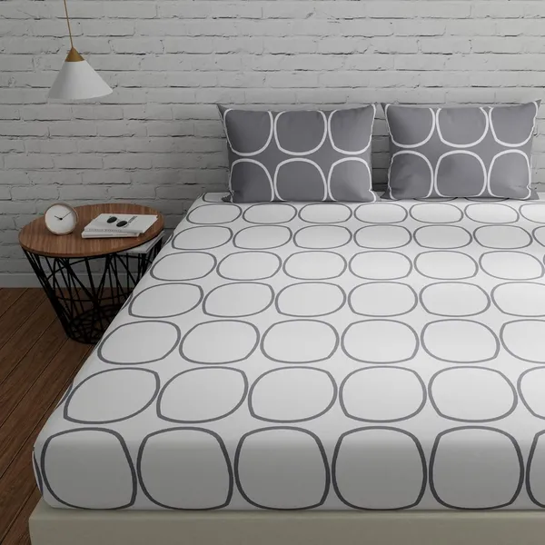 144_TC_Cotton_Elastic_Fitted_Bedsheets_King_Size_With_2_Pillow_Covers_|_72X78_In,_White_&_Grey