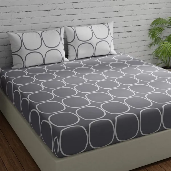 144_TC_Fitted_Double_Bedsheet_Cotton_with_2_Pillow_Covers_-_Color_|_5ft_x_6.5ft_|_Grey_&_White