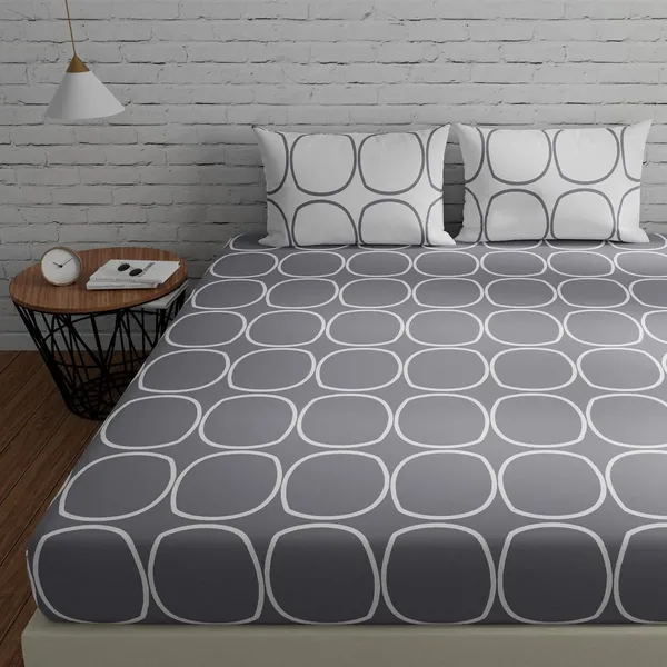 144_TC_Fitted_Double_Bedsheet_Cotton_with_2_Pillow_Covers_-_Color_|_5ft_x_6.5ft_|_Grey_&_White