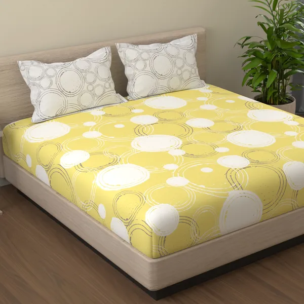 144_TC_Cotton_Bedsheet_for_Double_Bed_with_2_Pillow_Covers_|_Sphere_|_Yellow_&_Off_White