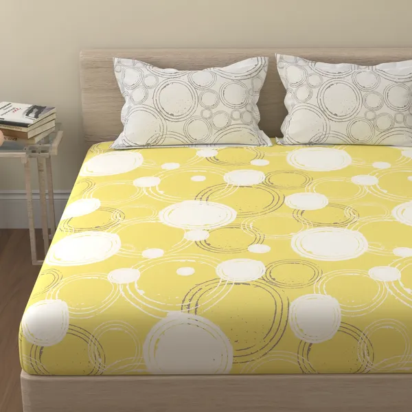 144_TC_Cotton_Bedsheet_for_Double_Bed_with_2_Pillow_Covers_|_Sphere_|_Yellow_&_Off_White