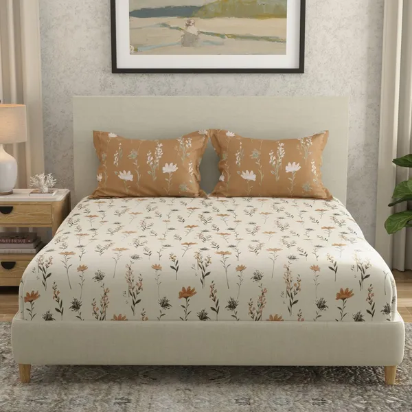 144_TC_Cotton_Elastic_Fitted_Bedsheets_Double_Size_with_2_Pillow_Covers_|_60_x_78_inches_|_White,_Tangerine_Orange_&_Grey