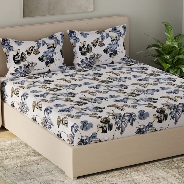 210_TC_Cotton_Bed_Sheets_for_Double_Set_Bed_with_2_Pillow_Covers_-_White,_Blue_&_Yellow