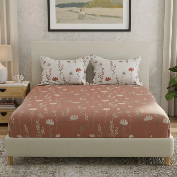 144_TC_Cotton_Elastic_Fitted_Bedsheets_Double_Size_with_2_Pillow_Covers_|_60_x_78_inches_|_Rust_&_White