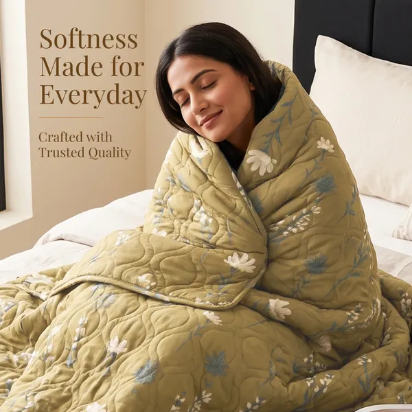 HUESLAND_100%_Cotton_Reversible_AC_Quilt_Blanket_for_Single_Bed_-_Olive_Green_&_White
