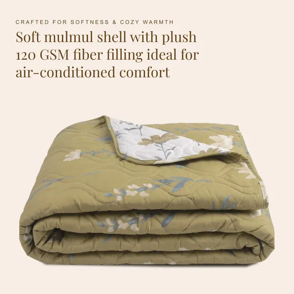 HUESLAND_100%_Cotton_Reversible_AC_Quilt_Blanket_for_Single_Bed_-_Olive_Green_&_White