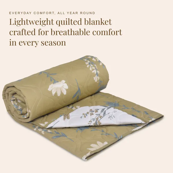HUESLAND_100%_Cotton_Reversible_AC_Quilt_Blanket_for_Single_Bed_-_Olive_Green_&_White