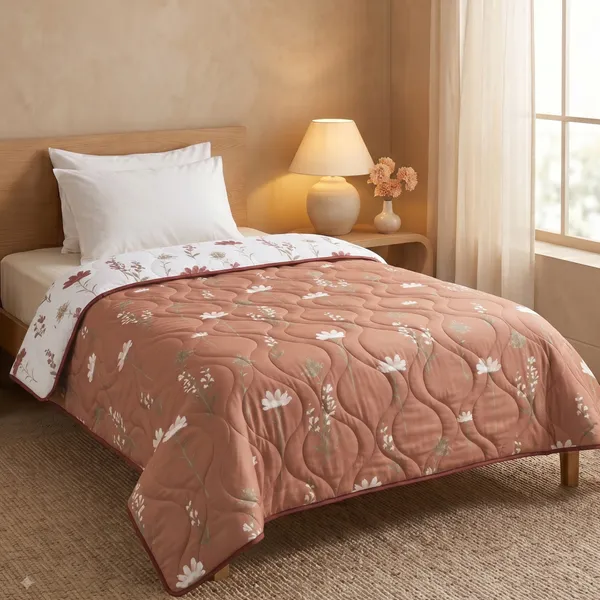 HUESLAND_100%_Cotton_Reversible_AC_Quilt_Blanket_for_Single_Bed_-_Rust,_White_&_Grey