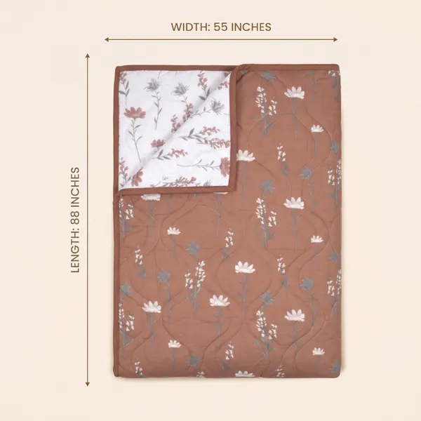 HUESLAND_100%_Cotton_Reversible_AC_Quilt_Blanket_for_Single_Bed_-_Rust,_White_&_Grey