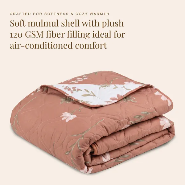 HUESLAND_100%_Cotton_Reversible_AC_Quilt_Blanket_for_Single_Bed_-_Rust,_White_&_Grey