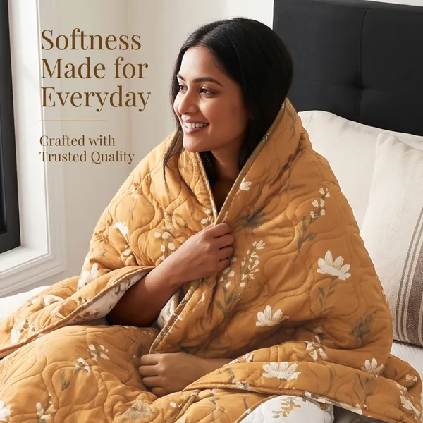 HUESLAND_100%_Cotton_Reversible_AC_Quilt_Blanket_for_Single_Bed_-_Tangerine_Orange,_White_&_Grey