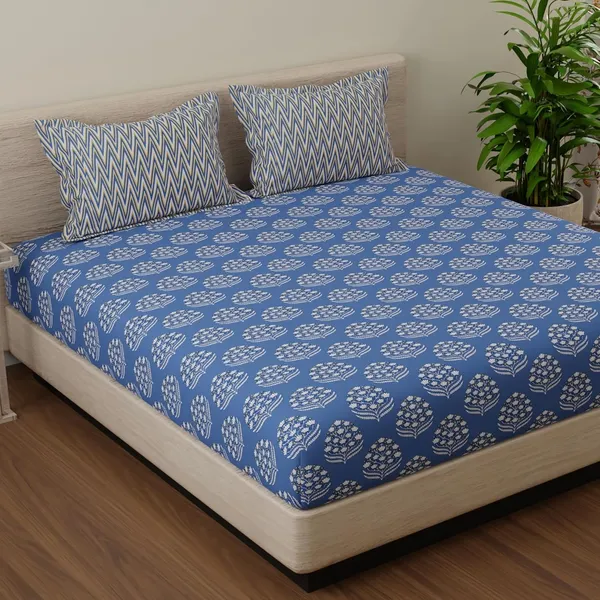 144_TC_Double_Bedsheet_Cotton_with_2_Pillow_Covers_|_Blue_&_White