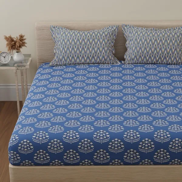 144_TC_Double_Bedsheet_Cotton_with_2_Pillow_Covers_|_Blue_&_White