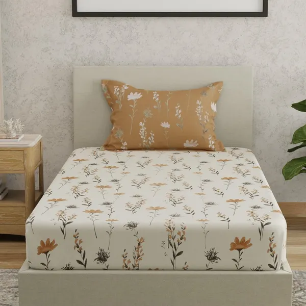 144_TC_Cotton_Elastic_Fitted_Bedsheet_for_Single_Bed_with_1_Pillow_Cover_|_36_x_78_inches_|_White,_Tangerine_Orange_&_Grey