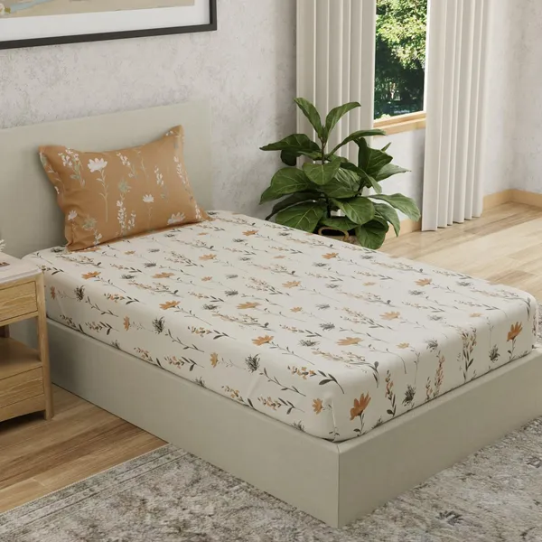 144_TC_Cotton_Elastic_Fitted_Bedsheet_for_Single_Bed_with_1_Pillow_Cover_|_36_x_78_inches_|_White,_Tangerine_Orange_&_Grey
