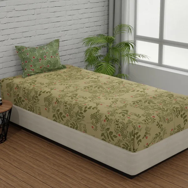 144_TC_Bedsheet_for_Single_Bed_with_1_Pillow_Cover_|_Botanical_Bliss_|_Vanilla_&_Green