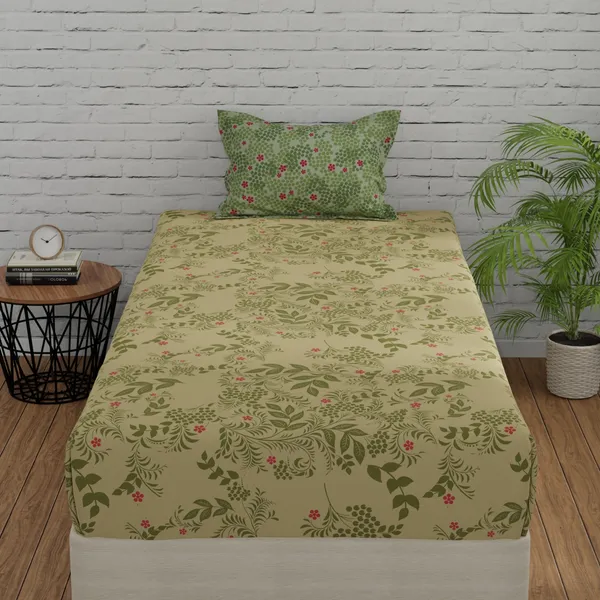 144_TC_Bedsheet_for_Single_Bed_with_1_Pillow_Cover_|_Botanical_Bliss_|_Vanilla_&_Green