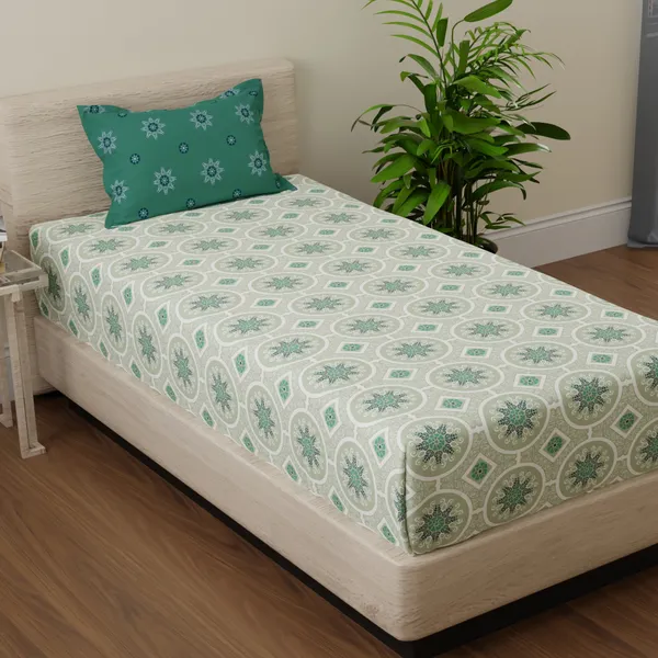 144_TC_Cotton_Single_Bedsheet_with_Pillow_Cover_|_Mandala_|_Dark_Green_&_Light_Green
