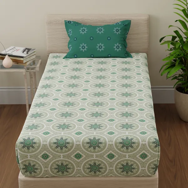 144_TC_Cotton_Single_Bedsheet_with_Pillow_Cover_|_Mandala_|_Dark_Green_&_Light_Green