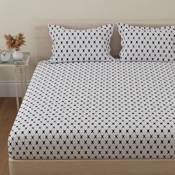 144_TC_Geometric_Cotton_Bedsheet_for_Queen_Size_Bed_with_2_Pillow_Covers_-_White,_Grey