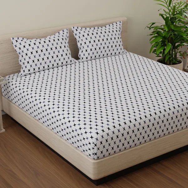 144_TC_Geometric_Cotton_Bedsheet_for_Queen_Size_Bed_with_2_Pillow_Covers_-_White,_Grey