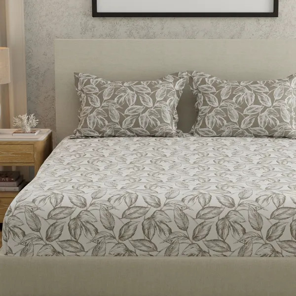 144_TC_Double_Bedsheet_Cotton_with_2_Pillow_Covers_|_White_&_Antique_Pewter_Leaves