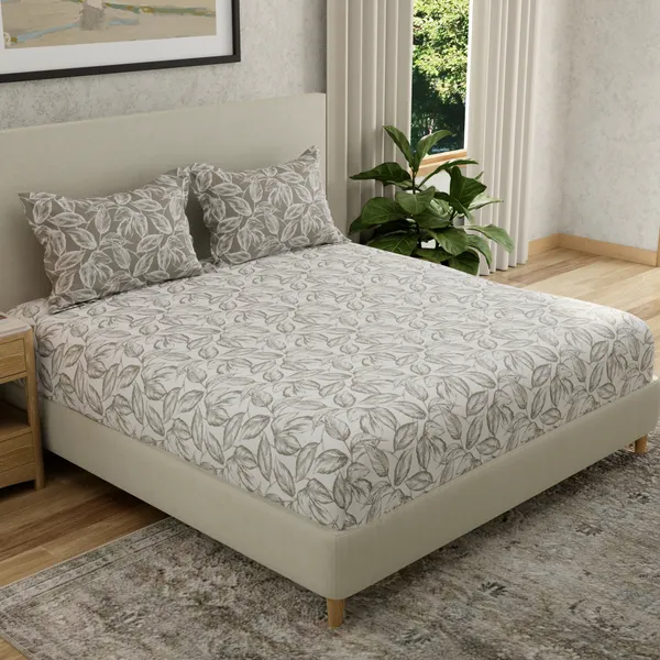 144_TC_Double_Bedsheet_Cotton_with_2_Pillow_Covers_|_White_&_Antique_Pewter_Leaves