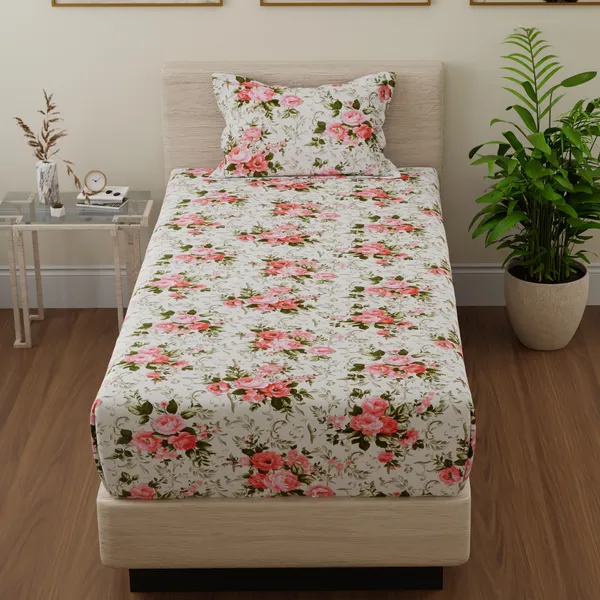 144_TC_Floral_Cotton_Single_Bedsheet_with_1_Pillow_Cover_-_White,_Pink,_Green