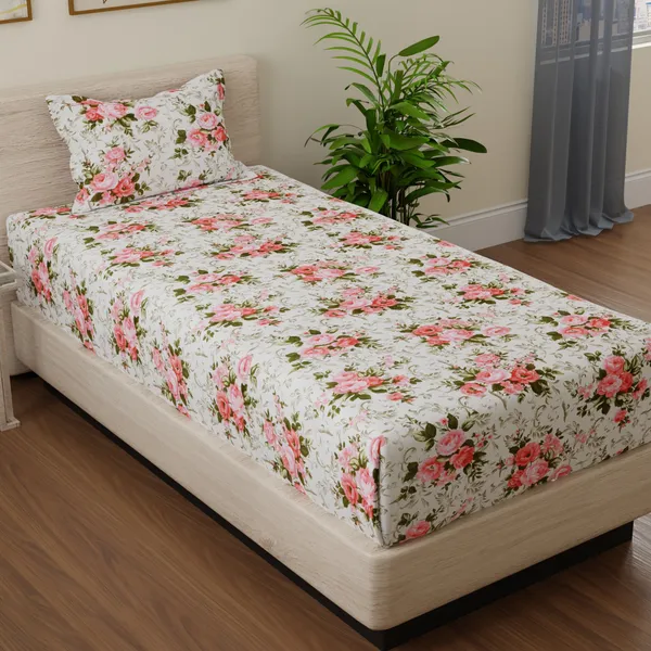 144_TC_Floral_Cotton_Single_Bedsheet_with_1_Pillow_Cover_-_White,_Pink,_Green