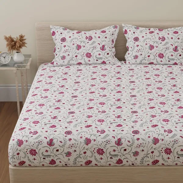 144_TC_Cotton_Bedsheets_for_King_Size_Bed_with_2_Pillow_Covers_|_White,_Pink_&_Green