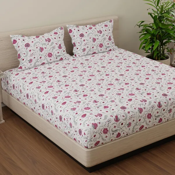 144_TC_Cotton_Bedsheets_for_King_Size_Bed_with_2_Pillow_Covers_|_White,_Pink_&_Green