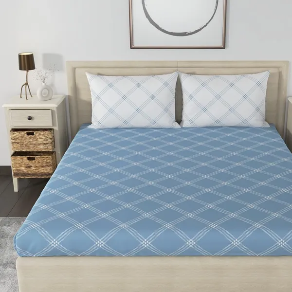 210_TC_Fitted_Cotton_Bedsheet_for_Double_Bed_with_2_Pillow_Covers_|_60_x_78_inches_|_Blue_&_White