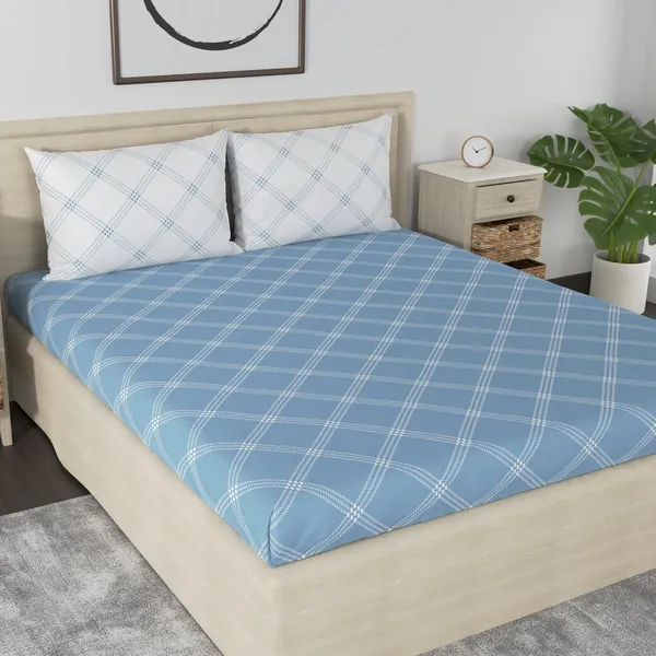 210_TC_Fitted_Cotton_Bedsheet_for_Double_Bed_with_2_Pillow_Covers_|_60_x_78_inches_|_Blue_&_White
