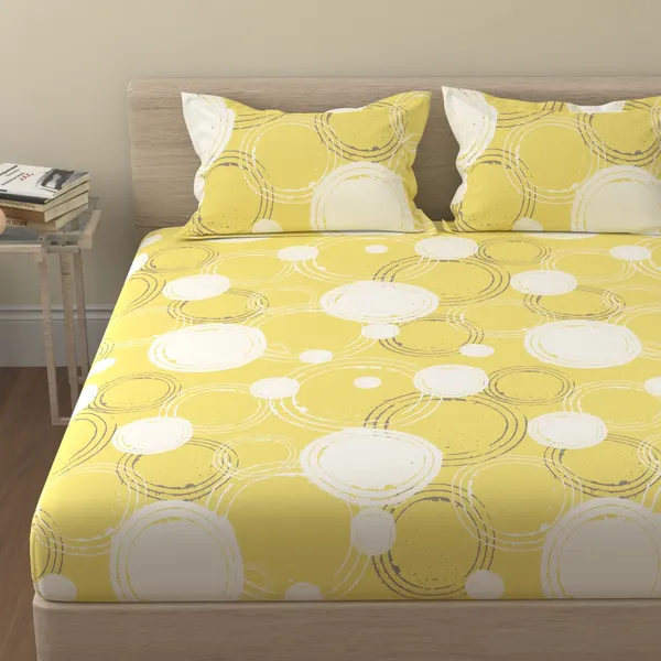 144_TC_Cotton_Bedsheet_for_Double_Bed_with_2_Pillow_Covers_|_Yellow_&_Off_White_|_Sphere
