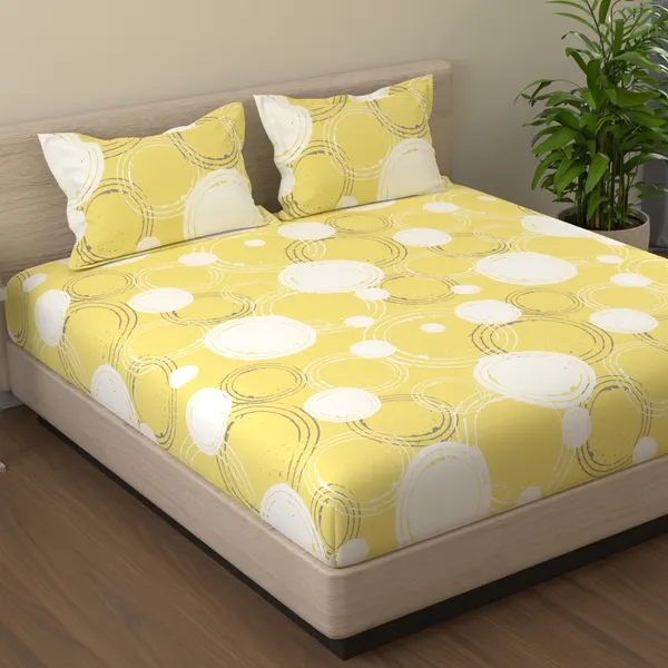 144_TC_Cotton_Bedsheet_for_Double_Bed_with_2_Pillow_Covers_|_Yellow_&_Off_White_|_Sphere