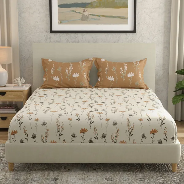 144_TC_Cotton_Bedsheet_for_Double_Bed_King_Size_with_2_Pillow_Covers_|_White,_Tangerine_Orange_&_Grey