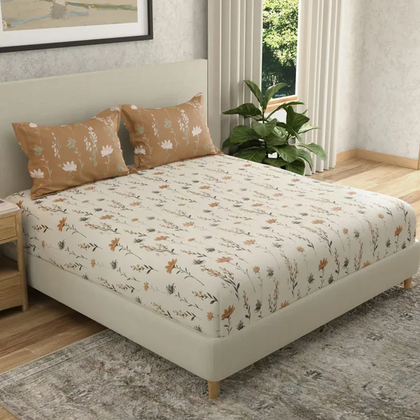 144_TC_Cotton_Bedsheet_for_Double_Bed_King_Size_with_2_Pillow_Covers_|_White,_Tangerine_Orange_&_Grey